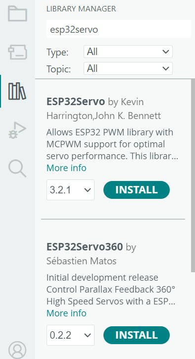 The Arduino IDE library manager with a search for esp32servo, showing the ESP32Servo library by Kevin Harrington and John K. Bennett, version 3.2.1, with an Install button