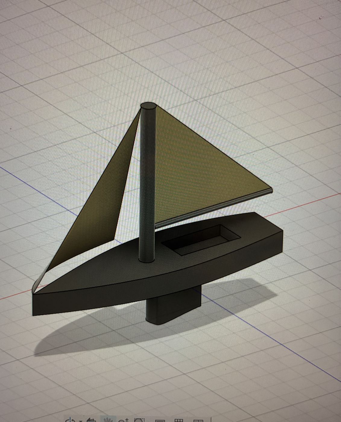 Rendered Fusion 360 model of a simple sailboat with hull, mast, mainsail and a curved front sail