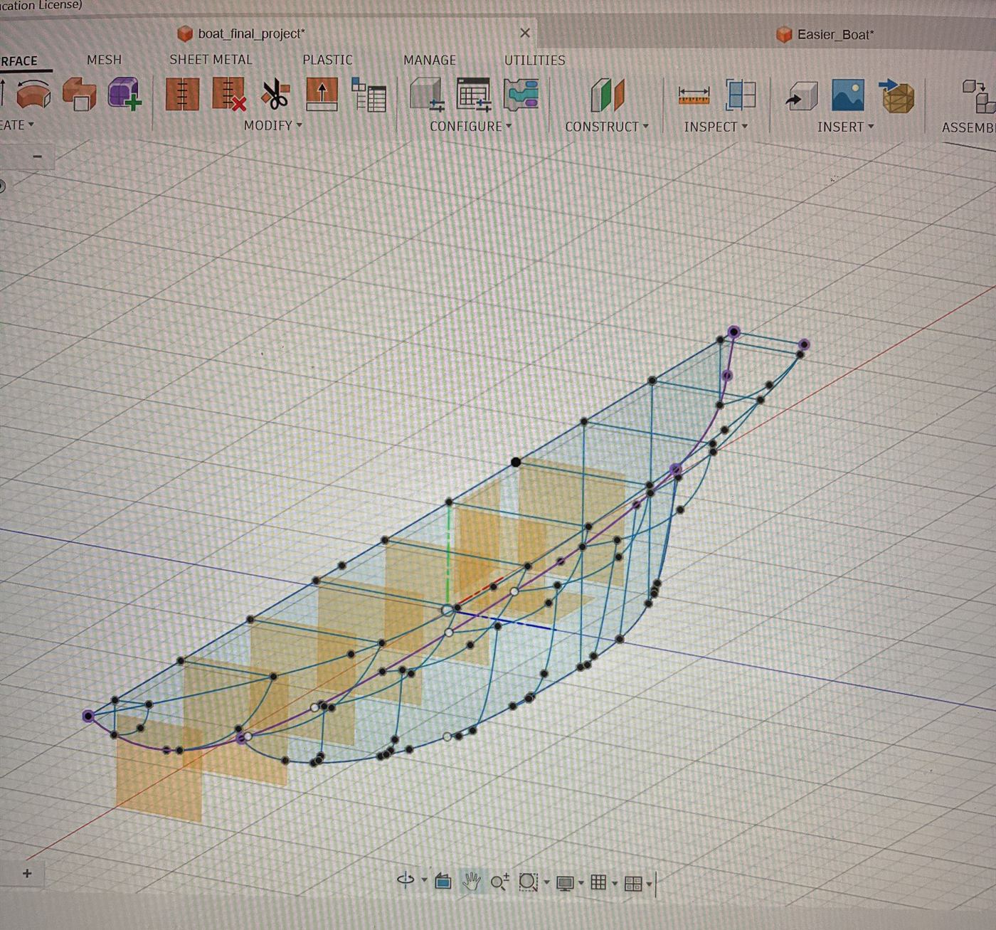Fusion 360 viewport showing a hull sketched across several construction planes