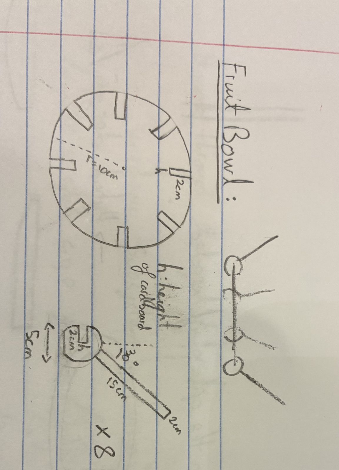 Hand-drawn sketch on lined paper titled Fruit Bowl, showing a notched disc of radius 10 cm and one of the eight 15 cm branches set at 30 degrees