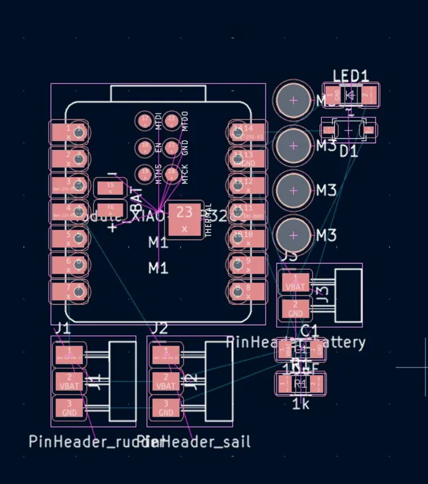 KiCad PCB editor showing all the footprints piled up before placement: the XIAO module, four M3 holes in a column, the three pin headers, the diode, LED, capacitor and resistor, with thin lines criss-crossing between pads