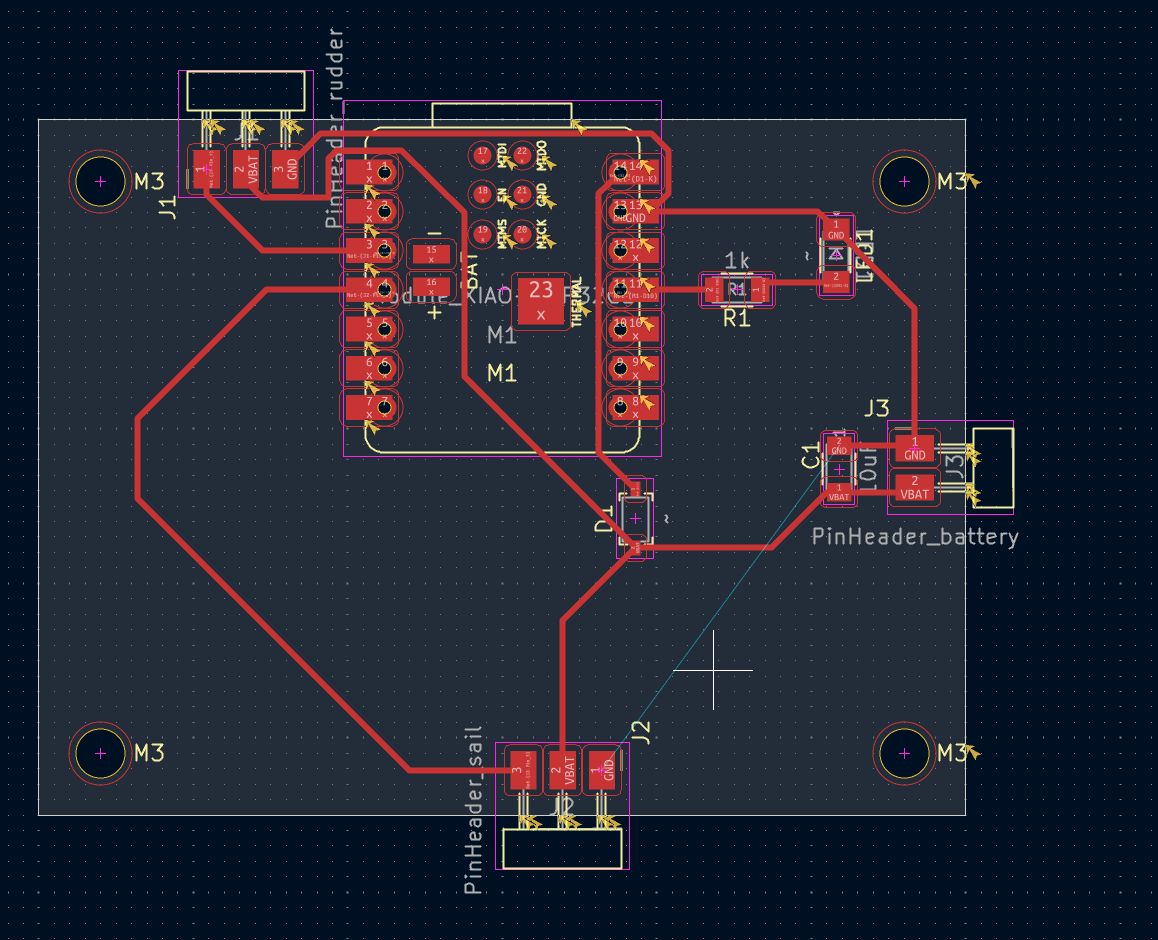 KiCad PCB editor with the second routing: no tracks pass under the header pins any more, tracks run under the XIAO between its pads, and one thin unrouted line remains between the sail header's ground pad and the capacitor