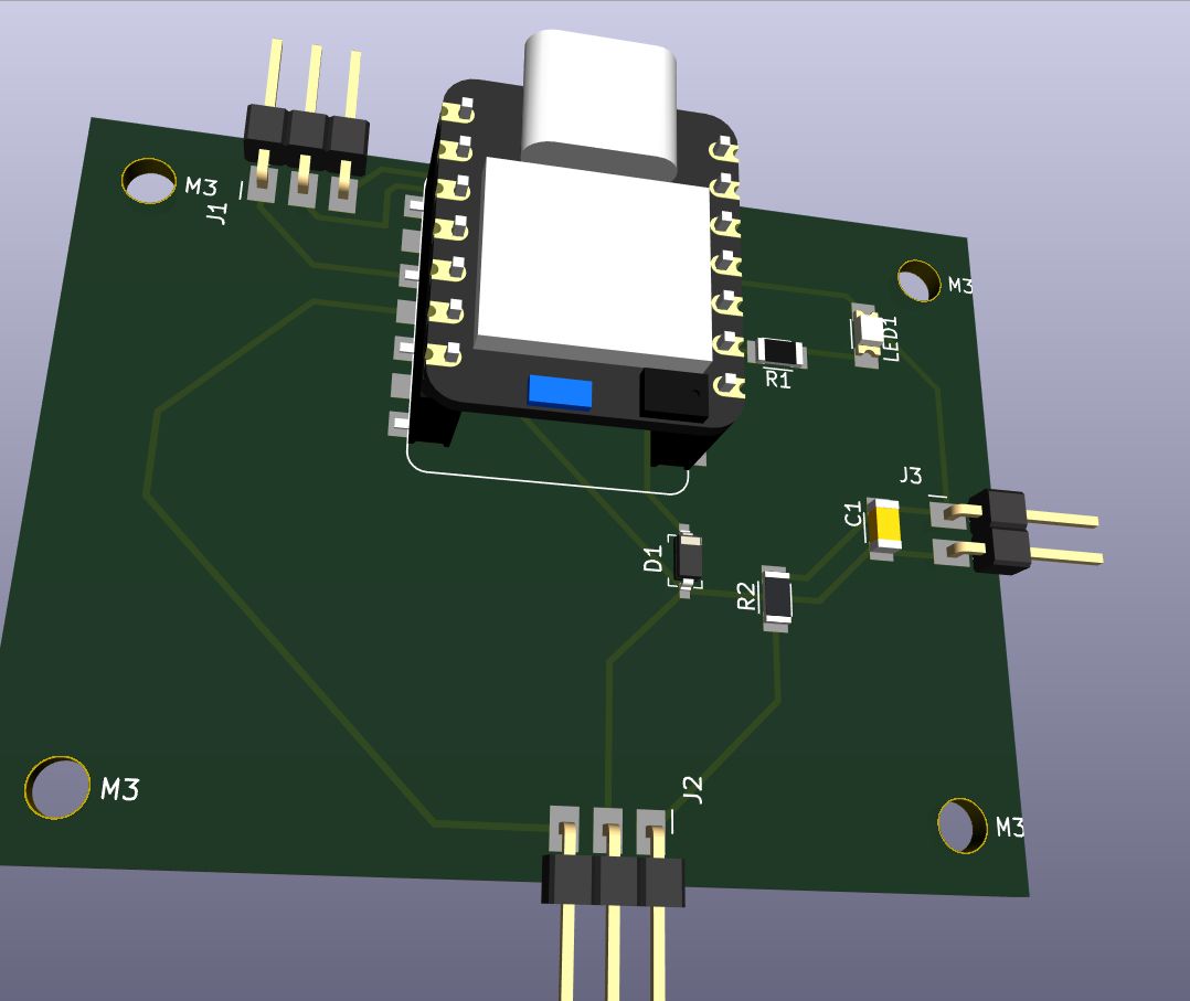 KiCad 3D render of the board from an angle with all components placed: the XIAO with its USB-C port overhanging the top edge, the three horizontal pin headers sticking out past the board edges, the diode, the two resistors, the capacitor and the LED