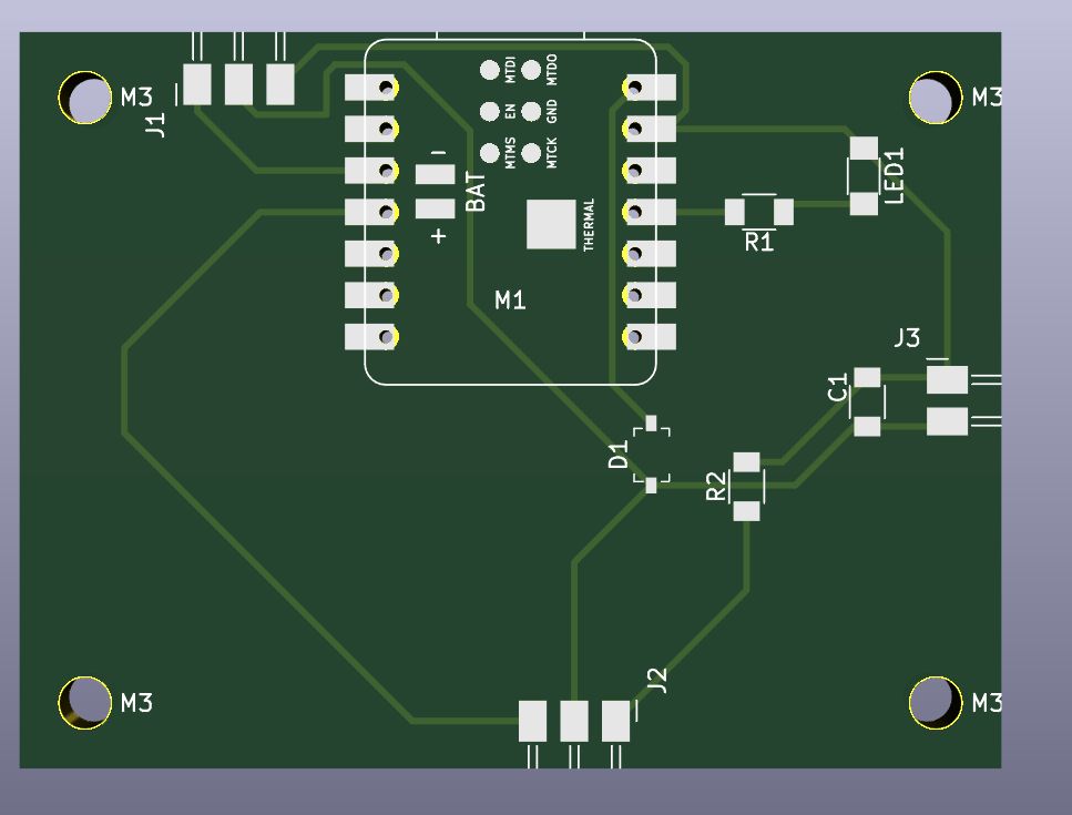KiCad 3D view of the bare routed board from above, with no components shown: the pads, the copper tracks and the four M3 holes