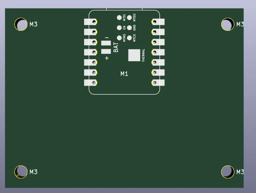 KiCad 3D view of an empty green board with only the XIAO footprint at the top centre and four M3 mounting holes in the corners