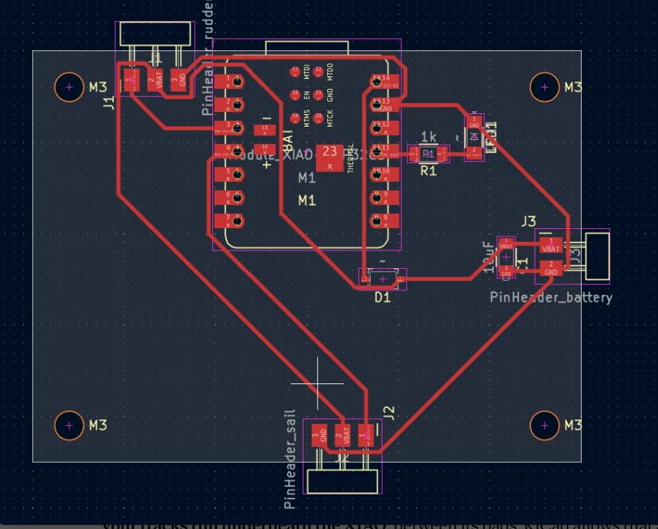 KiCad PCB editor with the first routing in red: tracks loop around the rudder header at the top left and the sail header at the bottom, passing between the pads and the header bodies where the pins lie