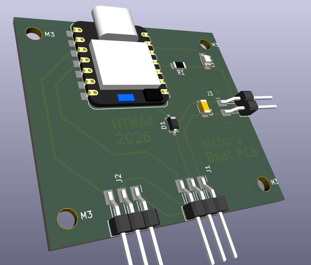 KiCad 3D render of the final board seen from an angle: the XIAO ESP32-C3 with its USB-C port at the top, R1 and the LED on the right, the capacitor C1 and the 2-pin battery header J3 sticking out of the right edge, the diode D1 in the middle, and the two 3-pin right-angle servo headers J1 and J2 sticking out of the bottom edge