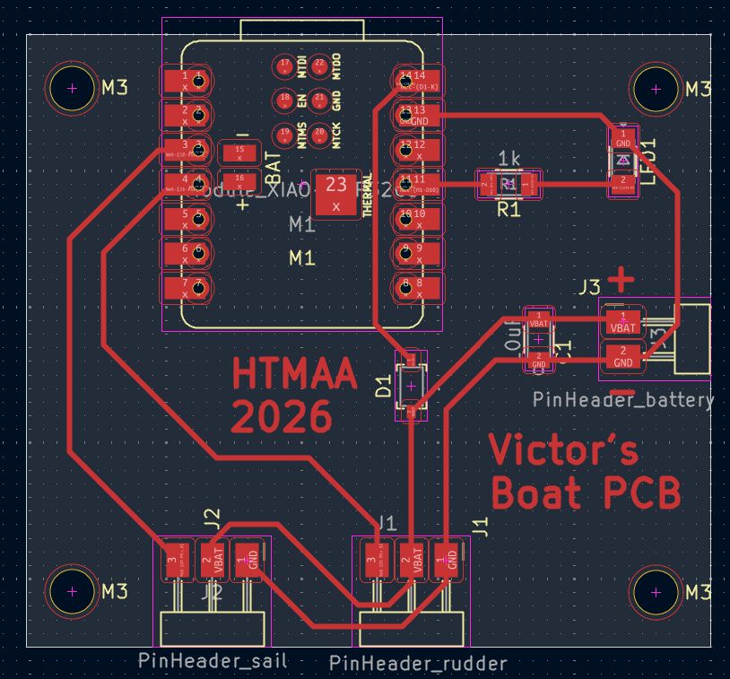 KiCad PCB editor showing the final layout: the XIAO at the top left, the LED and resistor at the top right, the battery header on the right edge, and the two servo headers along the bottom edge, both wired signal, VBAT, GND