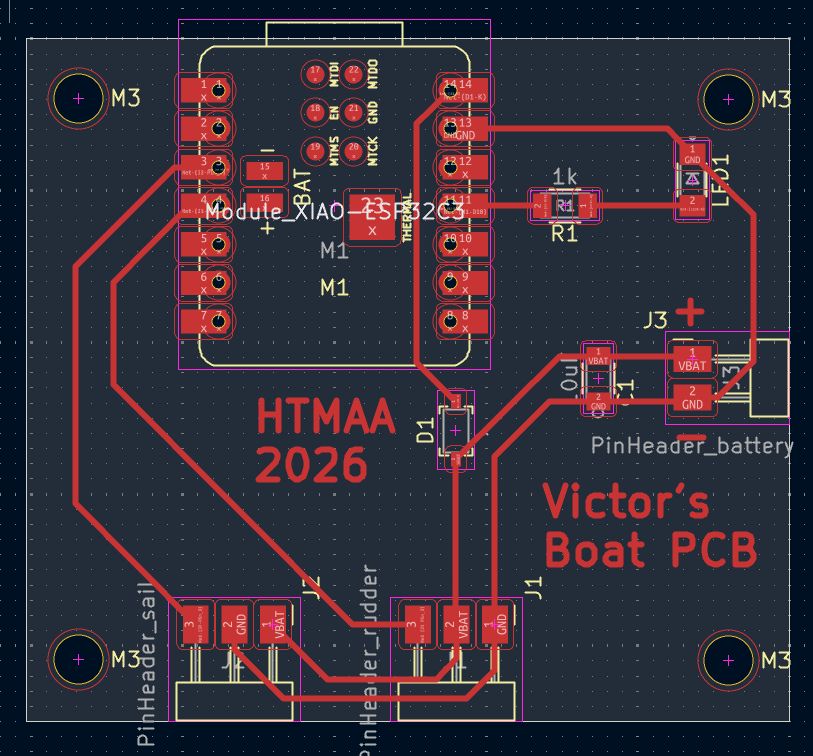 KiCad PCB editor showing the first redesign: the XIAO at the top left, the LED and its 1k resistor at the top right, the battery header J3 on the right edge, and the two servo headers J1 and J2 along the bottom edge, with all tracks arriving at the header pads from inside the board; the sail header J2 is wired signal, GND, VBAT