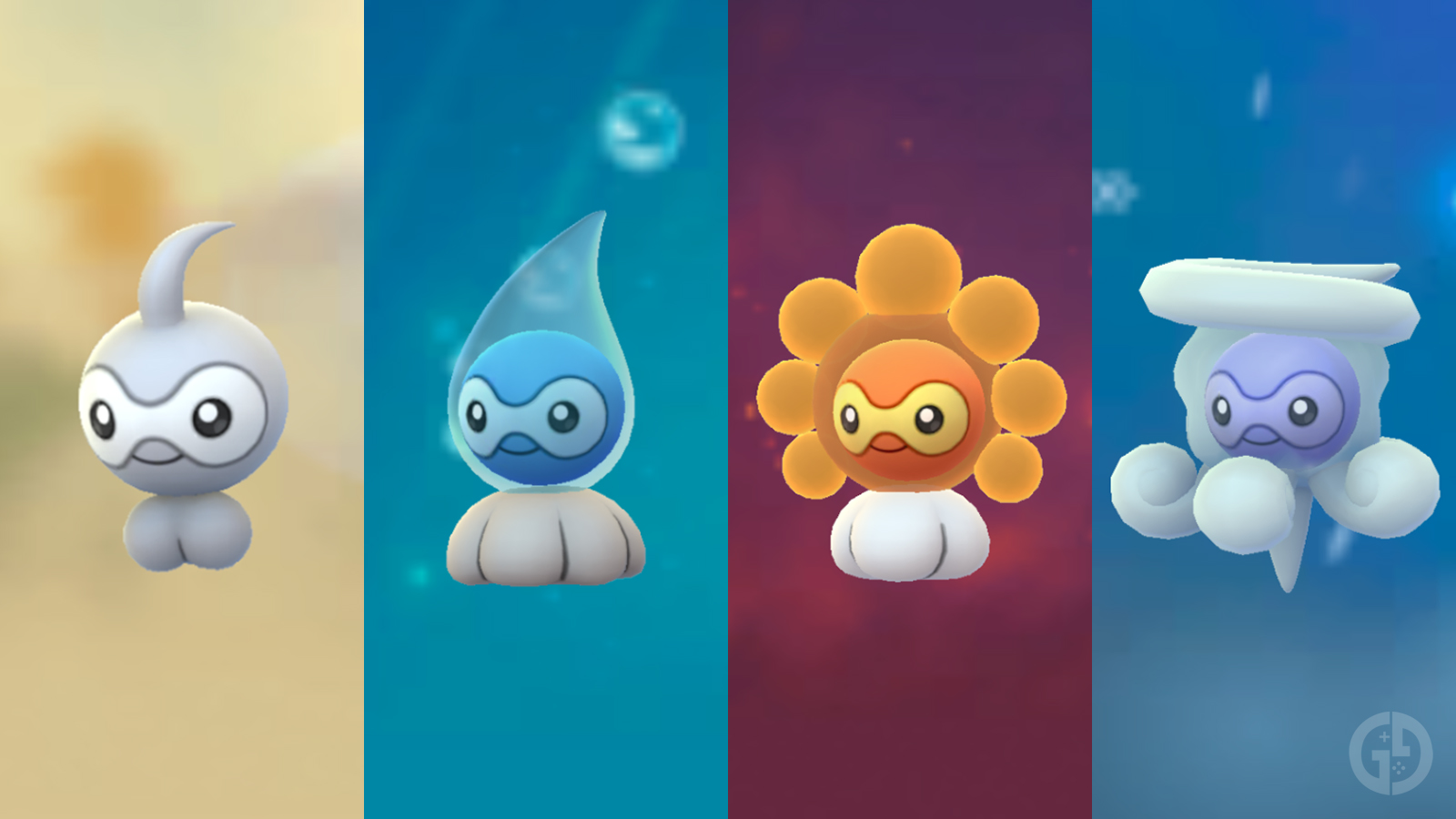 Castform forms in Pokémon go. Left to right: Normal, Sunny, Rainy, Snowy. Image credit: ggrecon.com