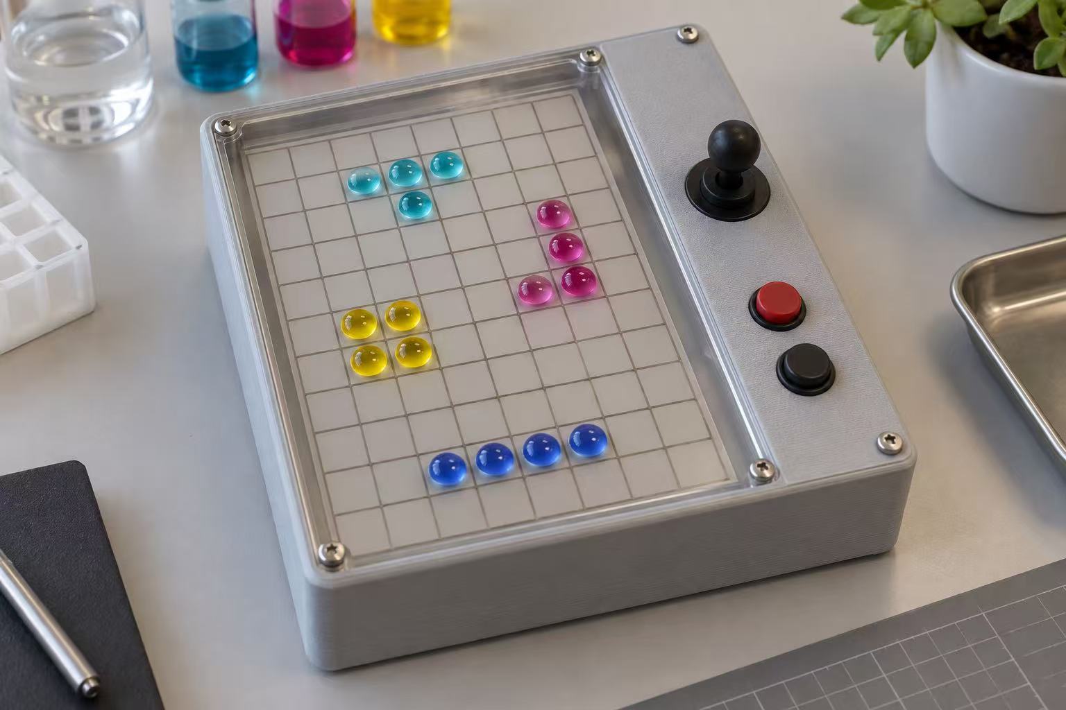 Concept rendering of a tabletop Tetris board with a grid, colorful droplets, and physical controls