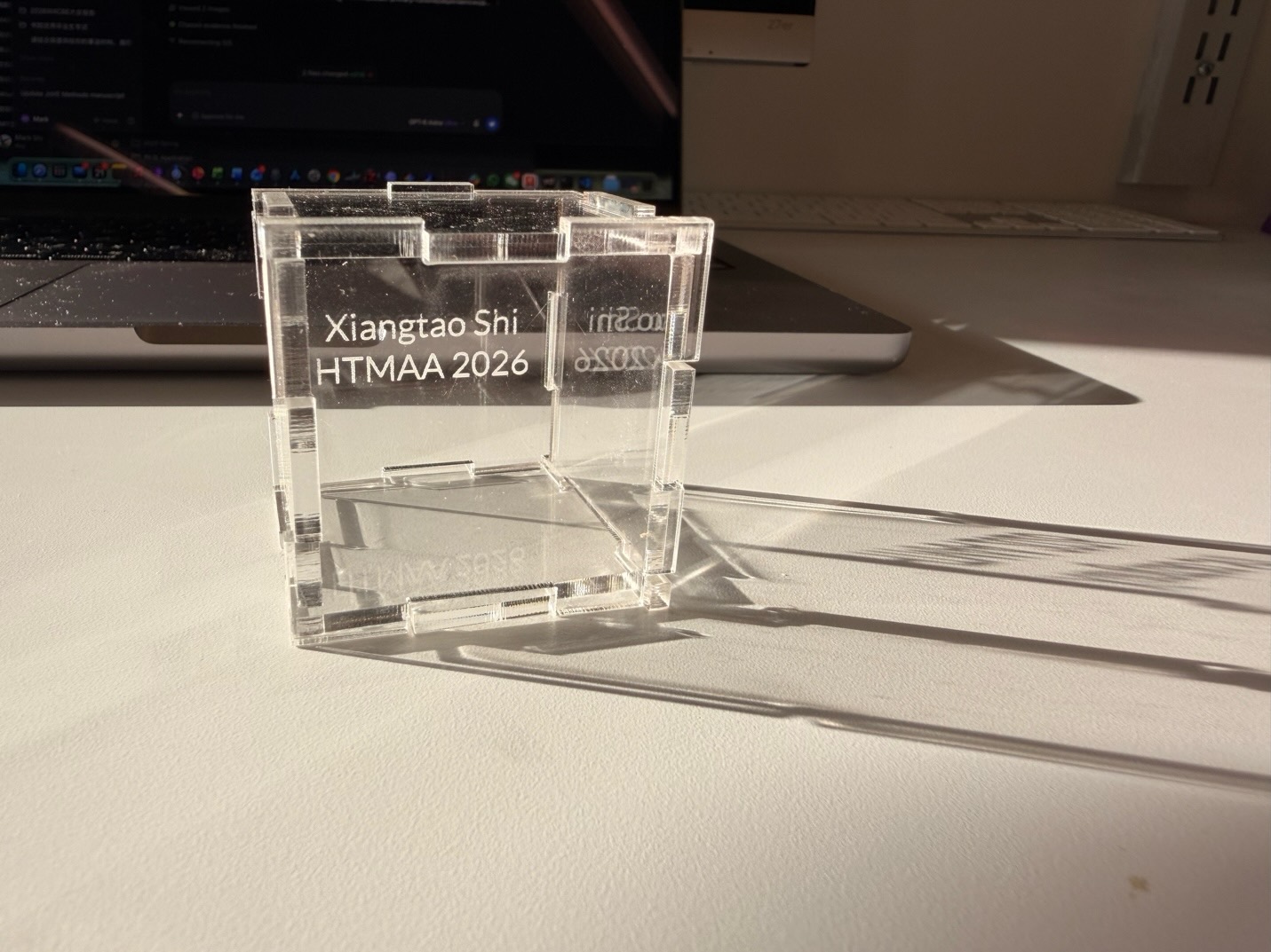 An assembled clear acrylic puzzle standing in sunlight and casting long shadows