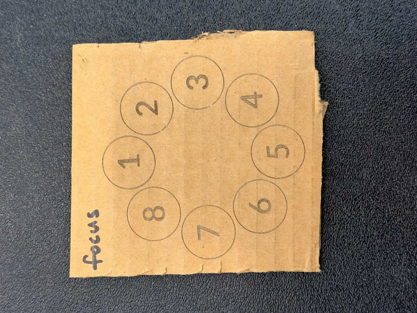 Cardboard focus test with eight numbered circles