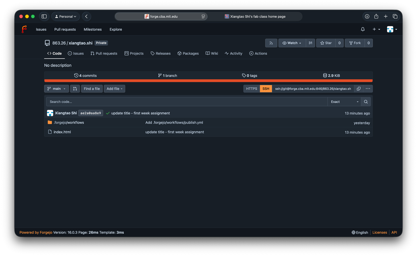 Screenshot of my CBA Forgejo repository with an index page and publishing workflow