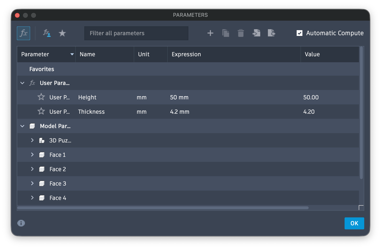 Fusion parameters panel showing the puzzle's Height set to 50 mm and Thickness set to 4.2 mm