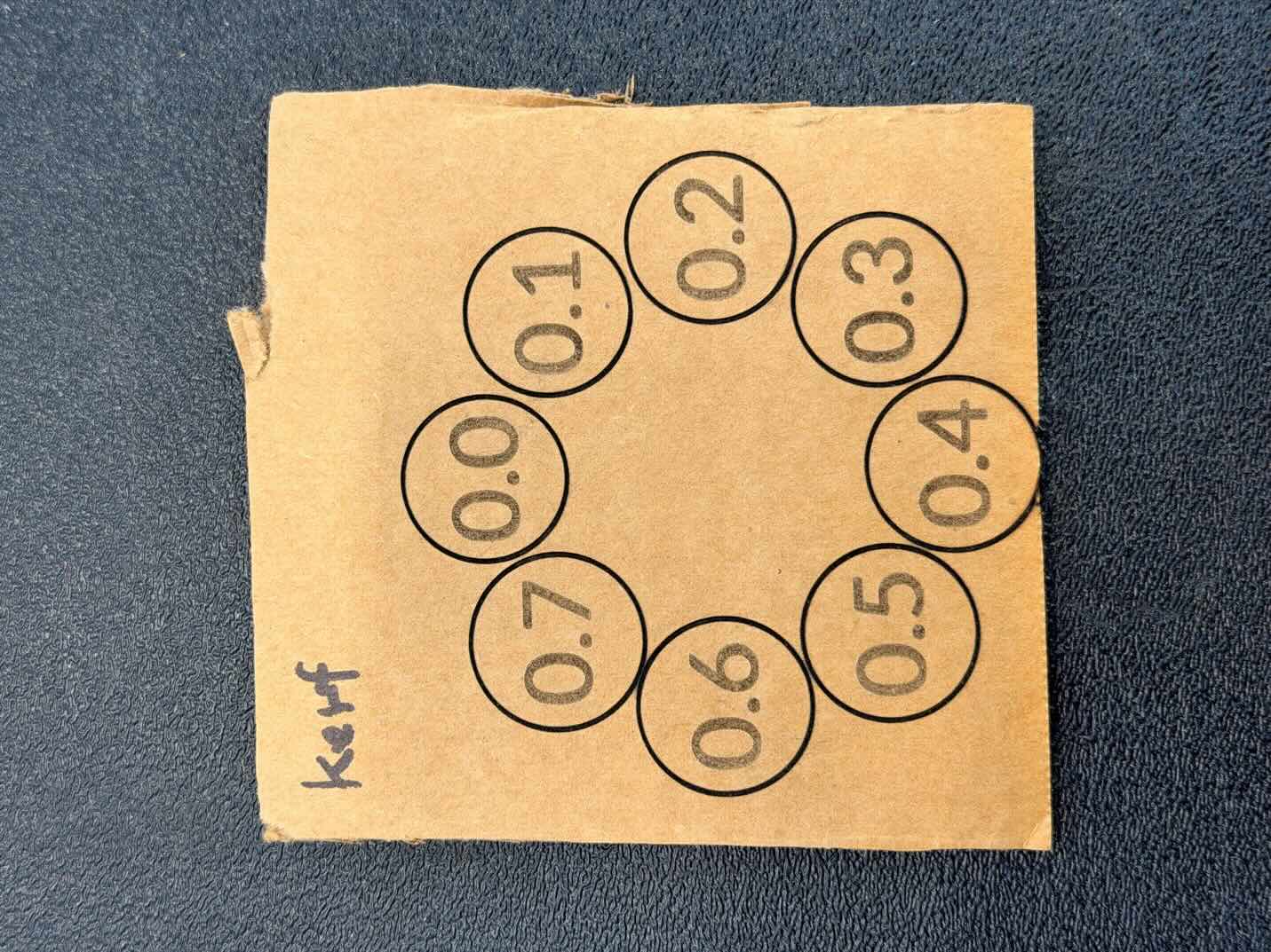 Cardboard kerf test with circles labeled from 0.0 to 0.7