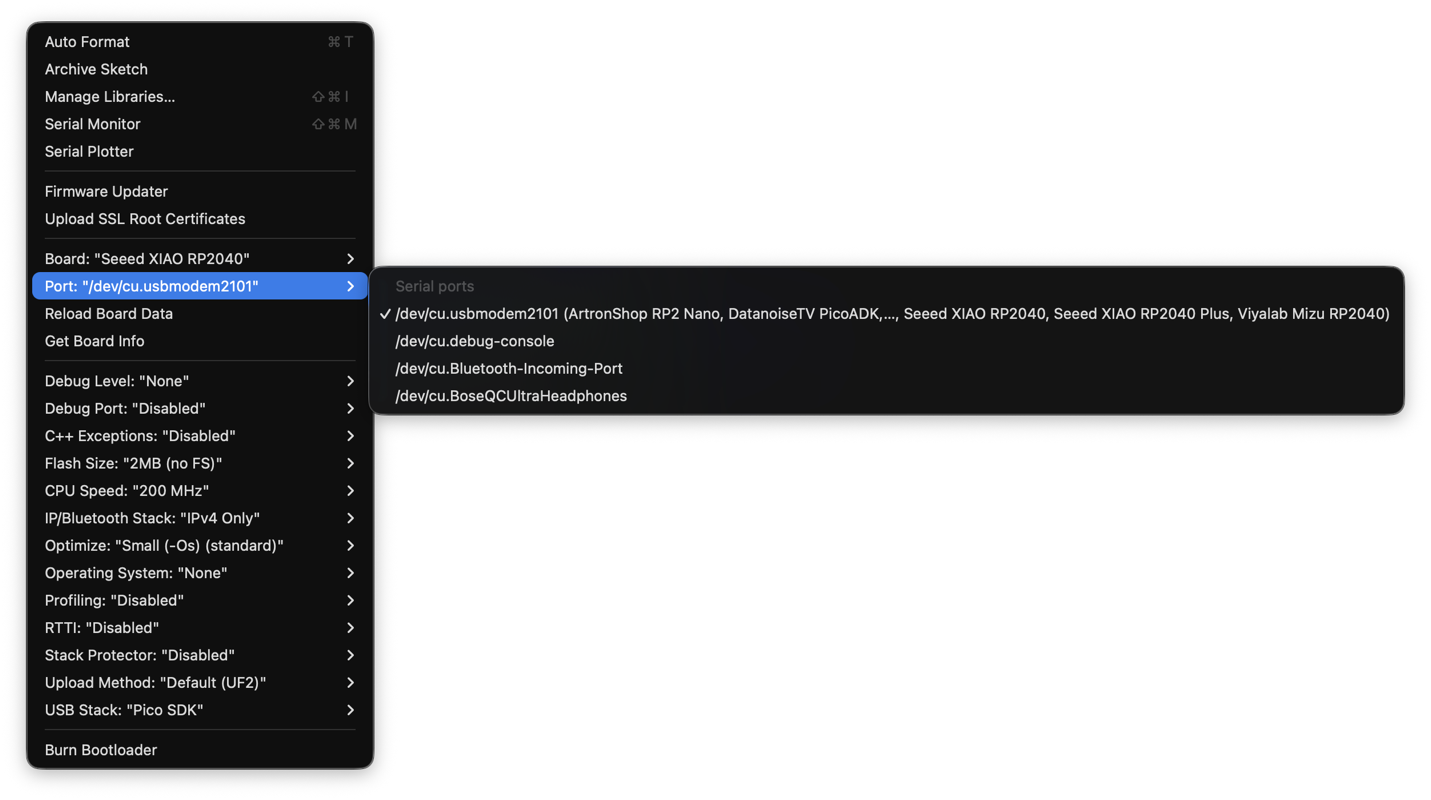 Arduino IDE menu for selecting the XIAO RP2040 board and USB serial port