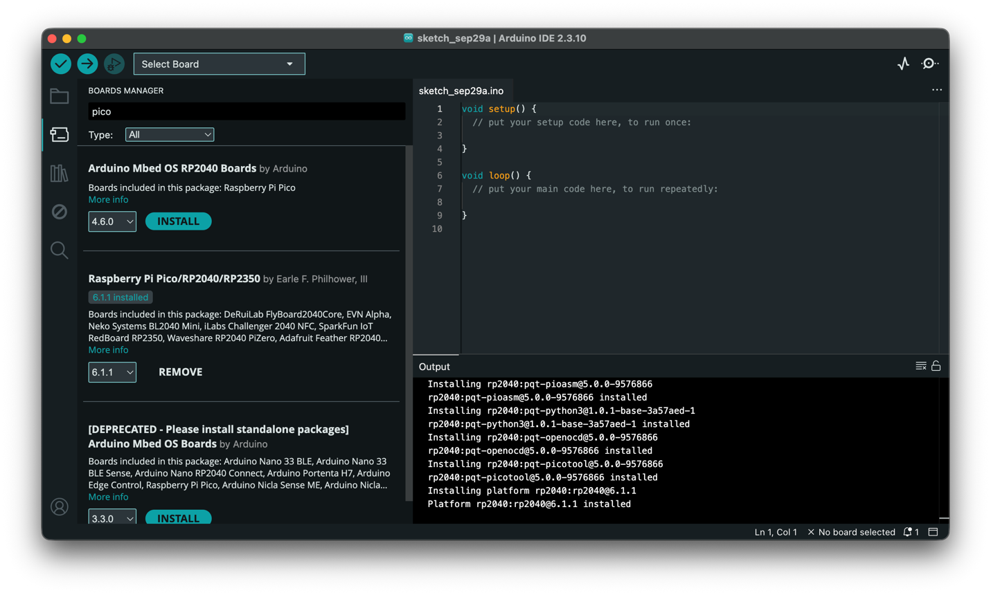 Arduino IDE Boards Manager showing the Raspberry Pi Pico RP2040 package installed