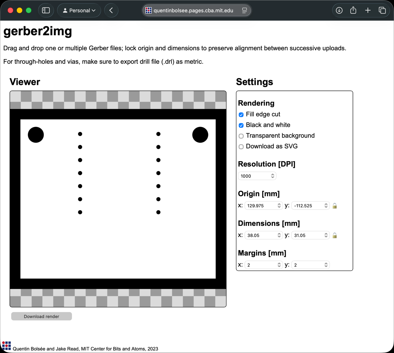 gerber2img showing the board outline and holes with origin and dimensions locked