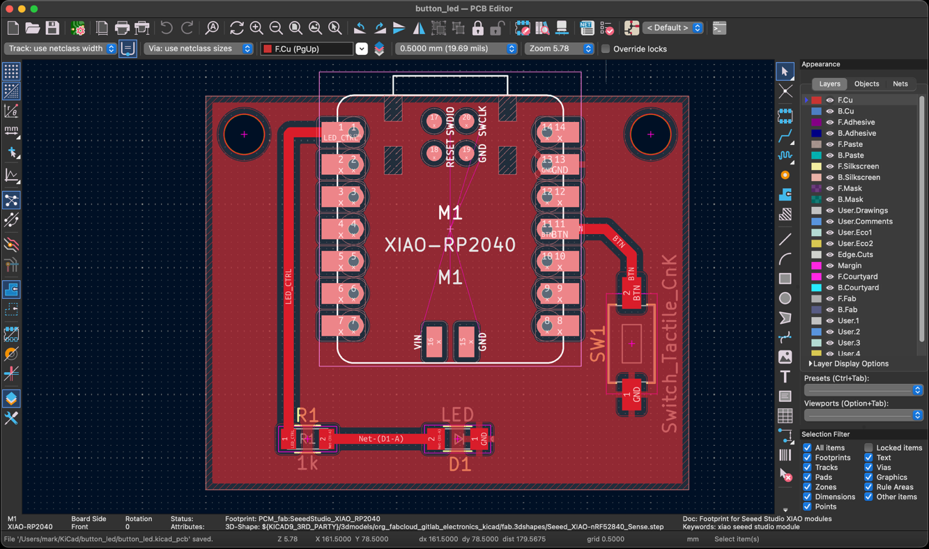 KiCad PCB layout with wider tracks and a ground copper zone around the XIAO RP2040