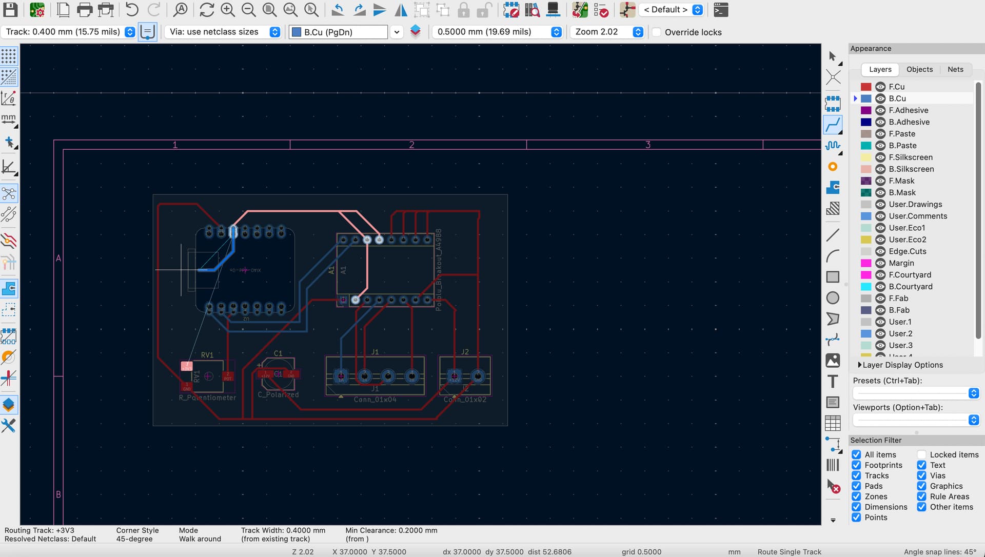 An early PCB layout while I was placing parts and starting routes
