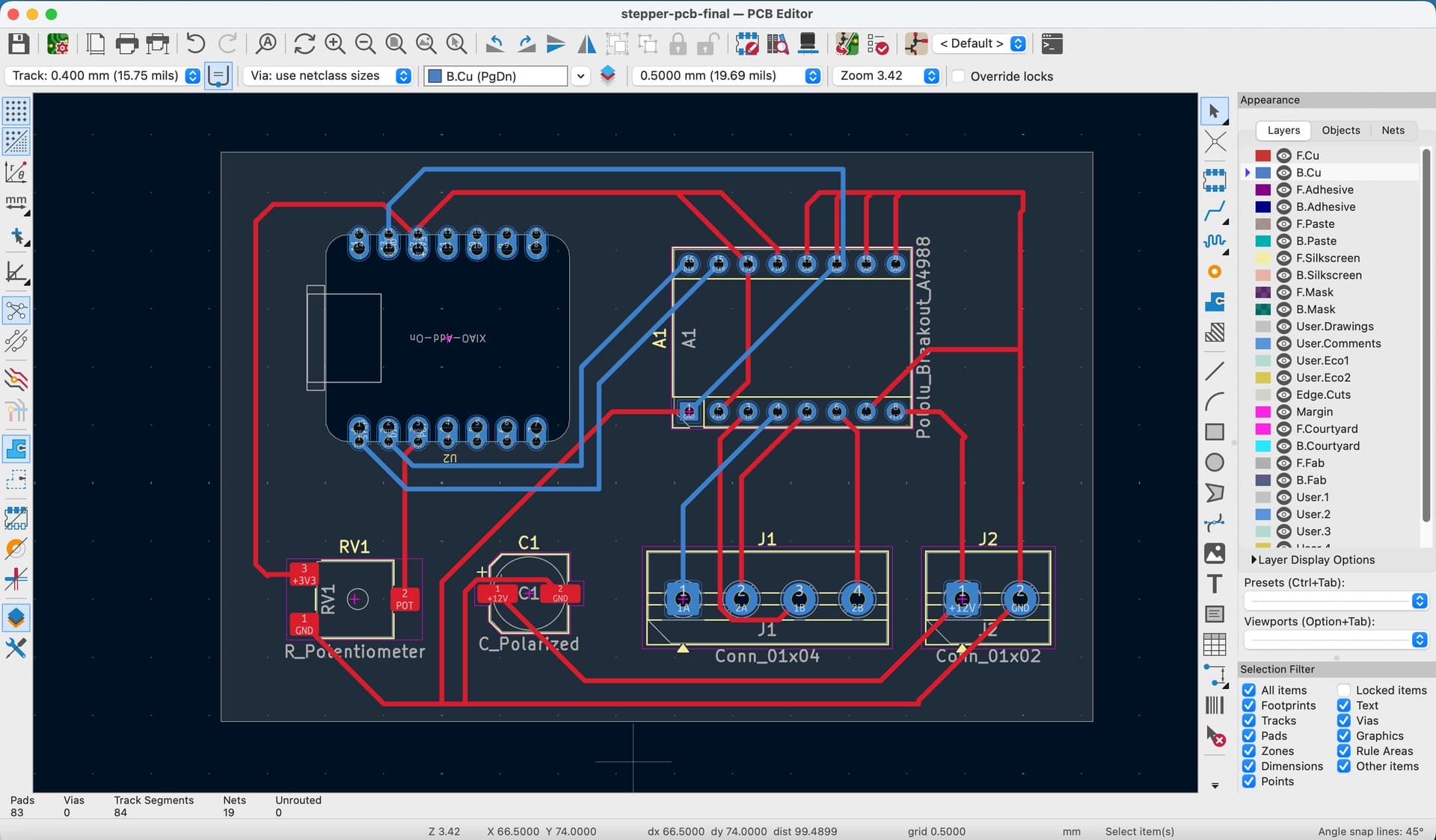 Closer view of the routed two-layer PCB