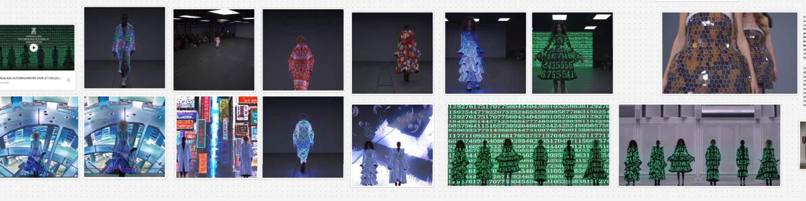 Stills from ANREALAGE's SKIN collection: garments lit with LED panels and covered in projected green numbers