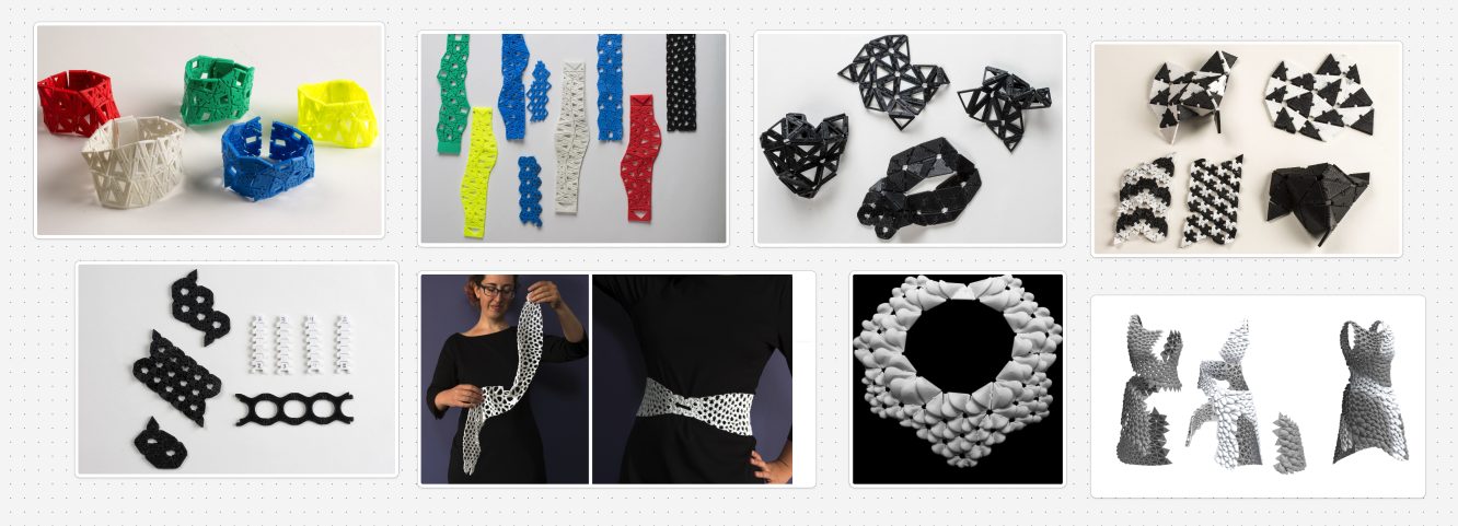 Nervous System's Kinematics pieces: bracelets, flat sheets of joined triangles, a necklace and a dress