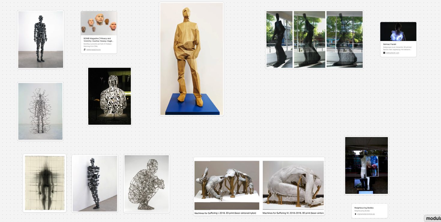 A board of body sculptures: Jaume Plensa's figures made of letters and numbers, and Antony Gormley's bodies made of blocks, lines and wire