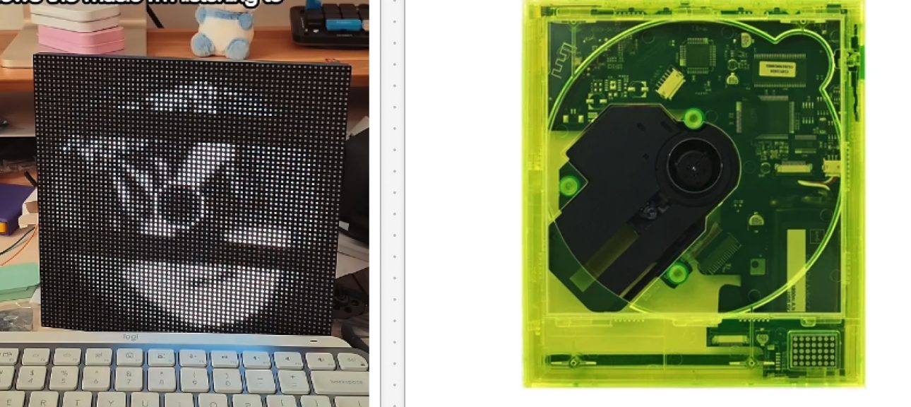 A 64×64 LED matrix showing album art, next to a CD player in a transparent case