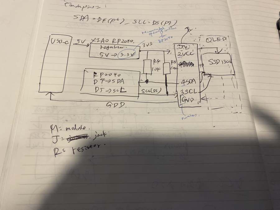 Notebook sketch of the QPad power and I2C connections, with notes on M, J and R