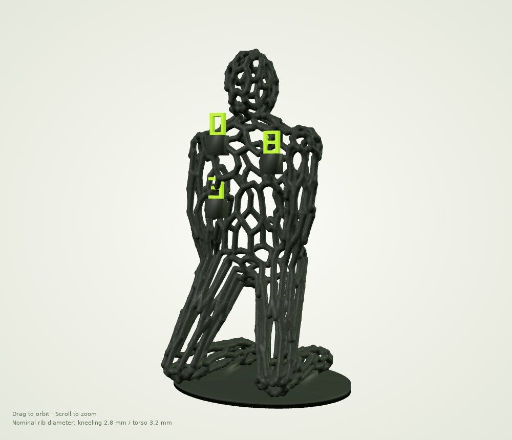 A thicker black lattice figure kneeling on a round base, with three green number panels on its chest