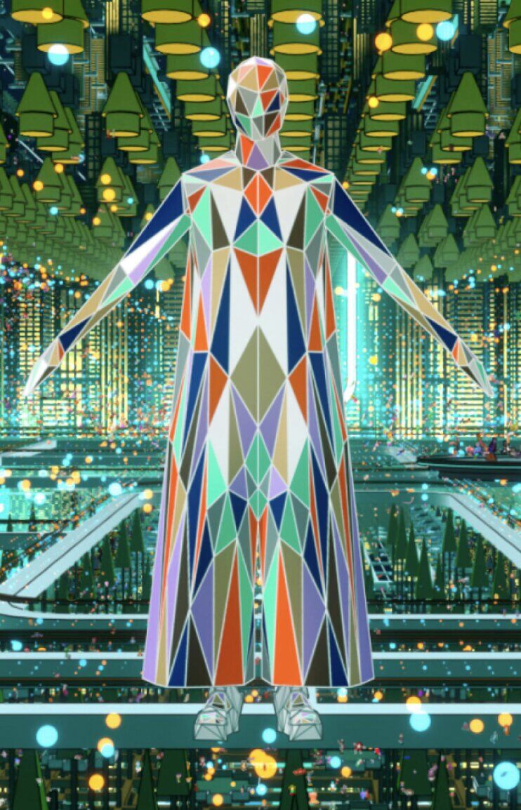 A figure in a long robe made of colored triangles, arms out