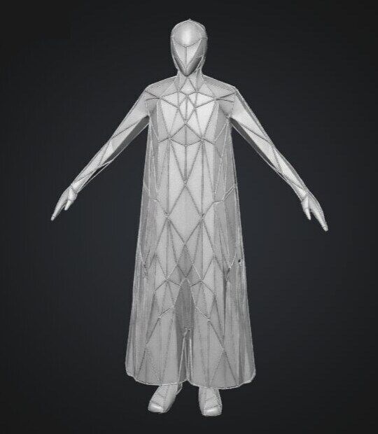 The same figure as a gray 3D mesh in Meshy