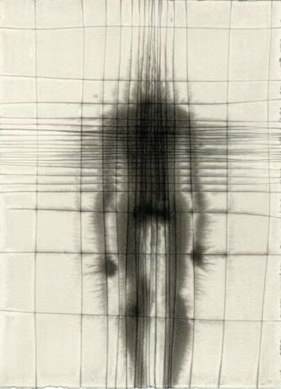 A drawing by Antony Gormley: a dark figure built up from crossing lines