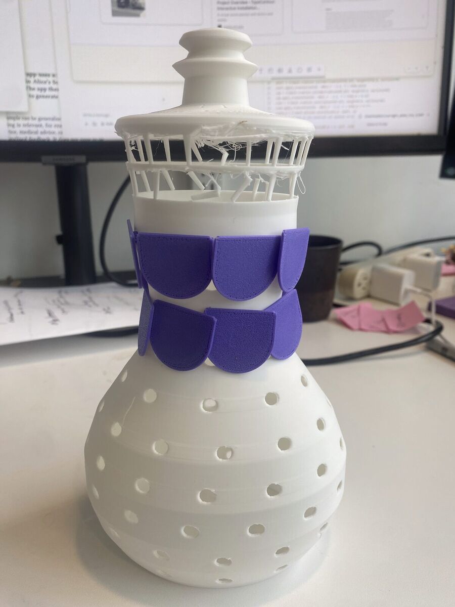 Two rows of purple scales clipped onto the mannequin