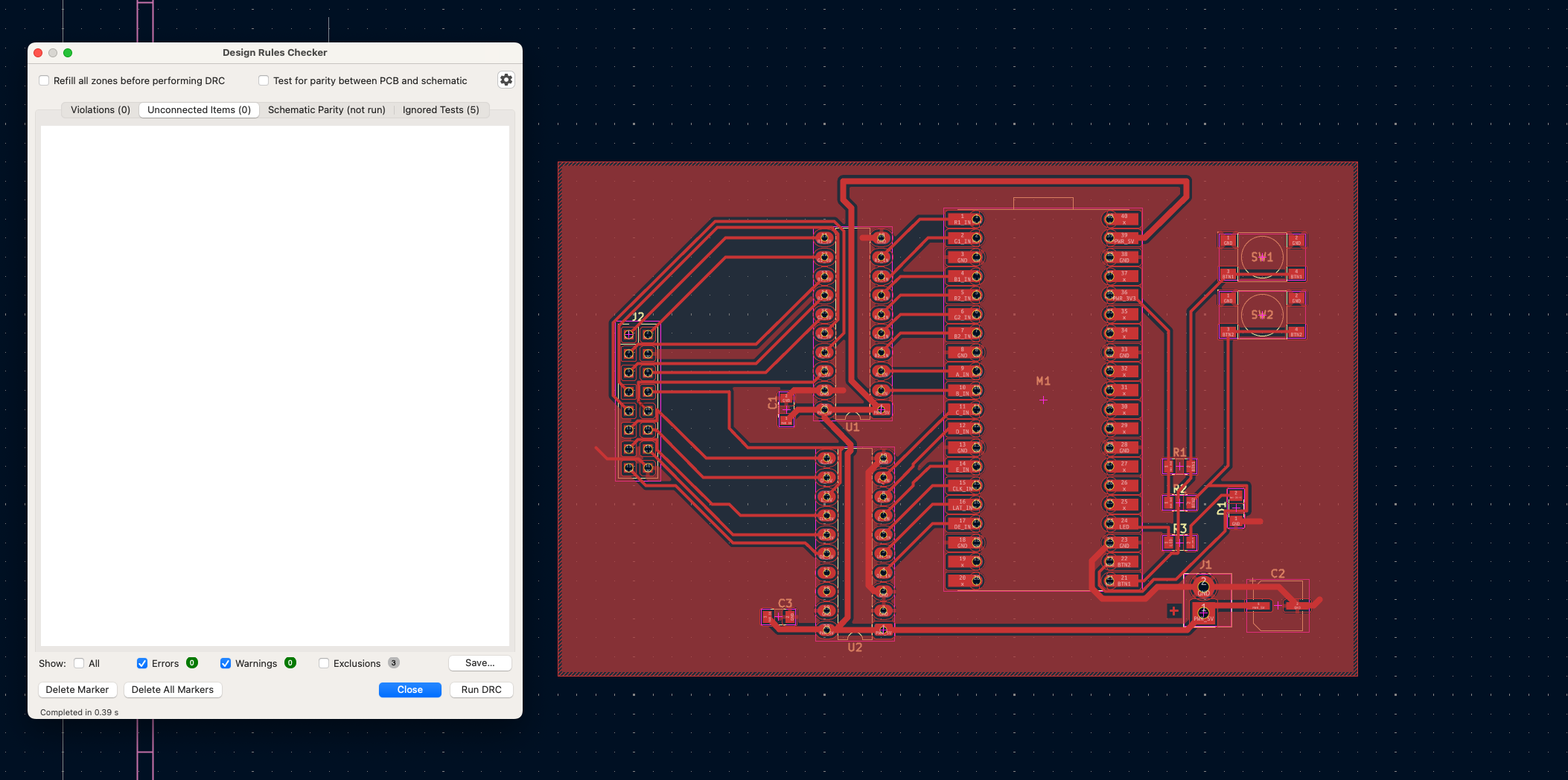 The Design Rules Checker showing 0 violations and 0 unconnected items, next to the routed board with a ground fill