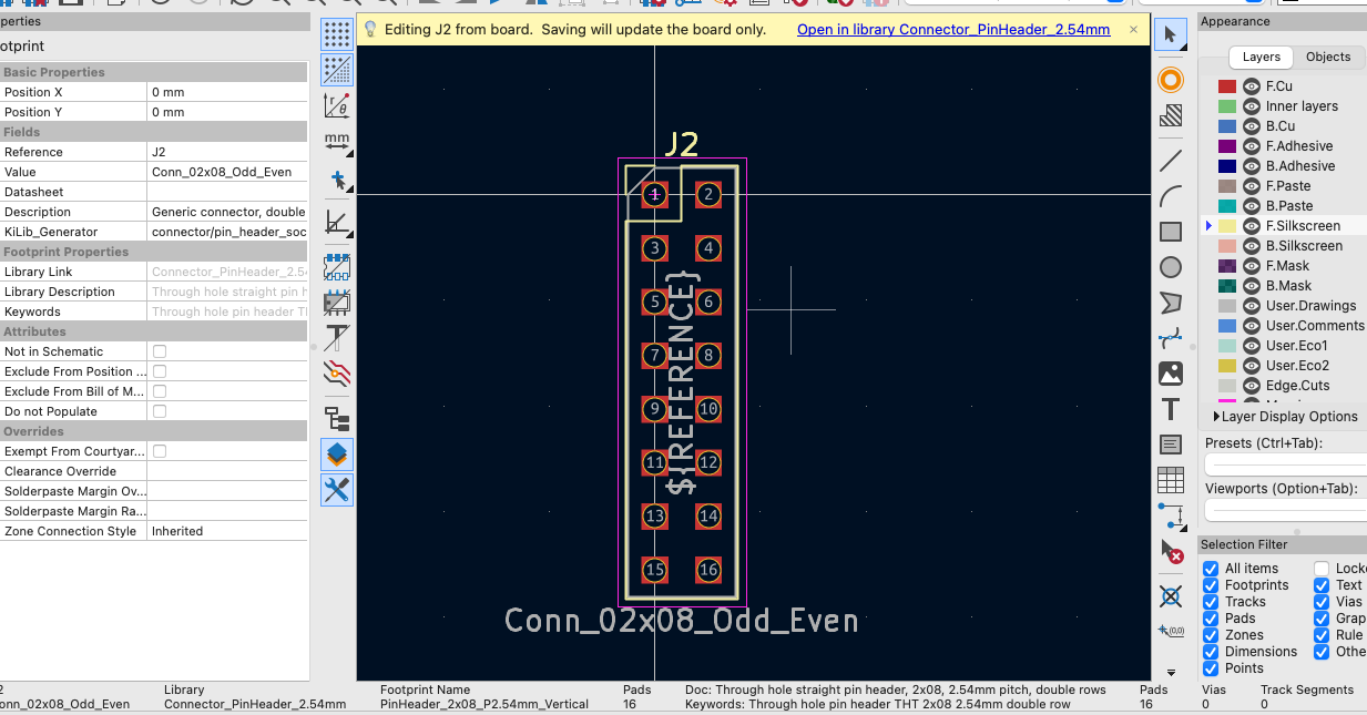 KiCad footprint editor showing the 2×8 pin header with smaller square pads