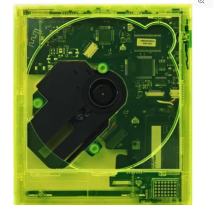 A CD player in a transparent yellow case, with its circuit board and disc mechanism visible inside