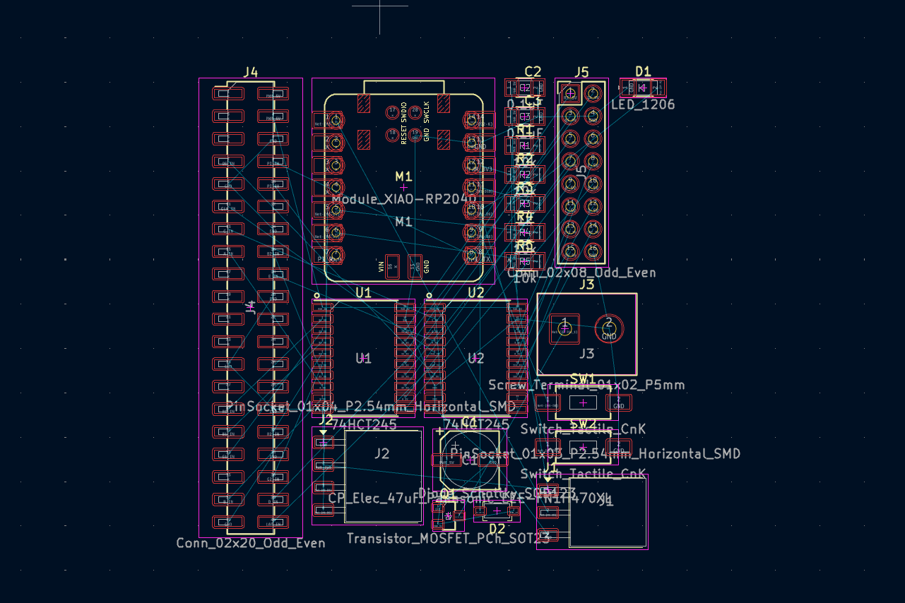 KiCad PCB editor with the Pi header, XIAO, level shifters and HUB75 connector placed, and blue ratsnest lines crossing all over the board