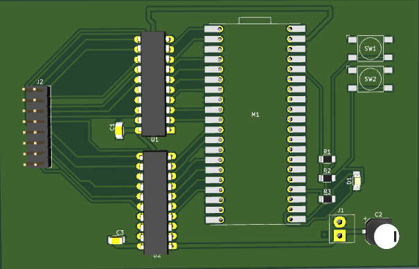 3D view of the finished board: the Pico footprint, two level shifters, the HUB75 header, buttons, resistors and the screw terminal