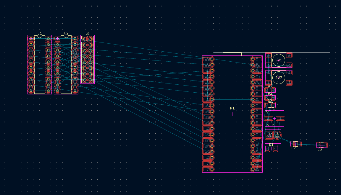 PCB editor with the level shifters and HUB75 connector on the left and the Pico on the right, ratsnest lines crossing in an X