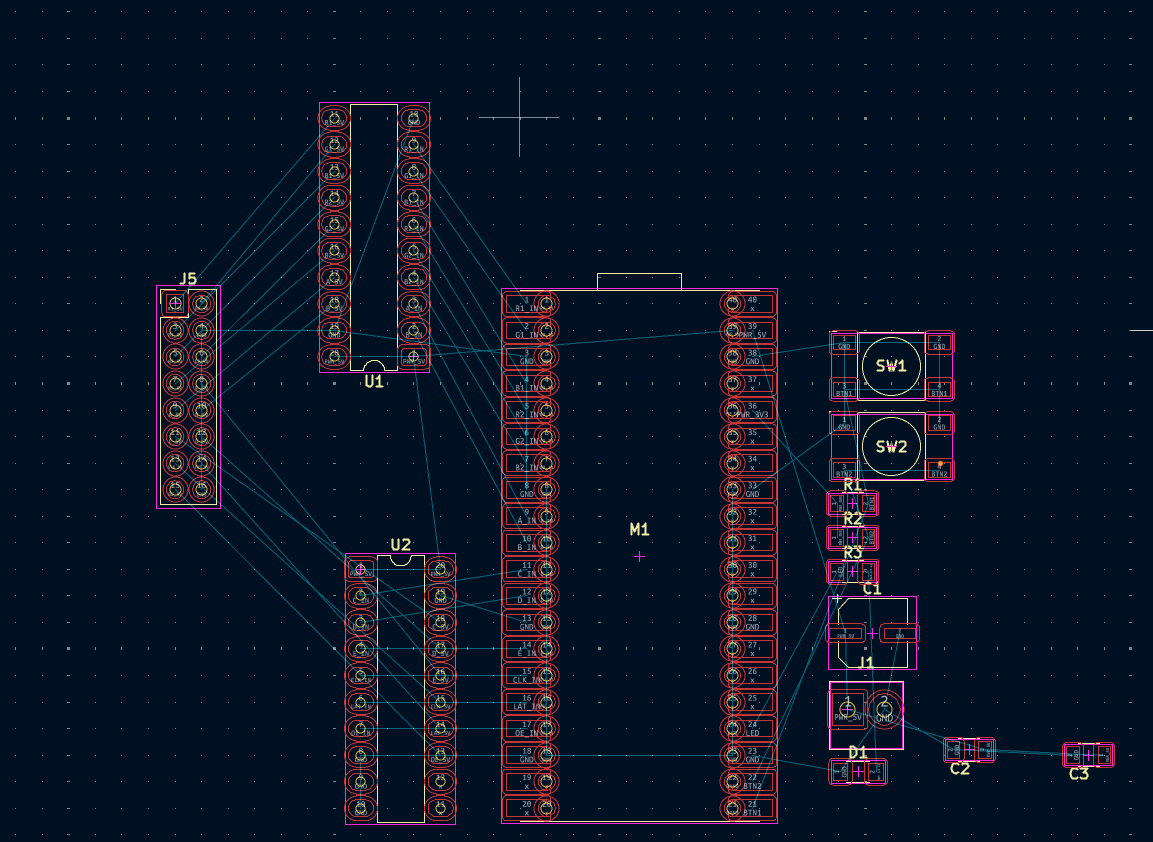 PCB editor with the level shifters placed above and below the HUB75 connector, ratsnest lines running in parallel