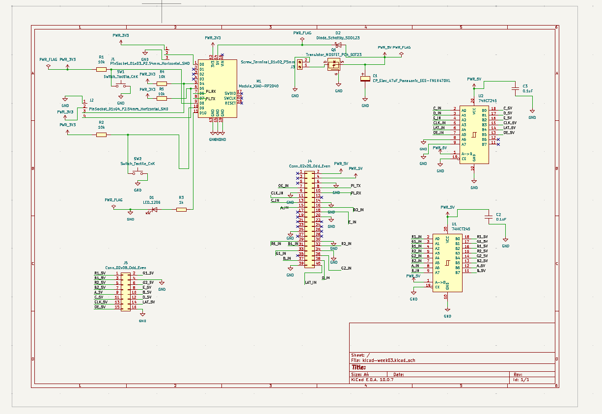 The full first schematic in KiCad: XIAO RP2040, a 2×20 header for the Pi, two 74HCT245 level shifters, a HUB75 2×8 connector, power input with reverse protection, buttons and an LED