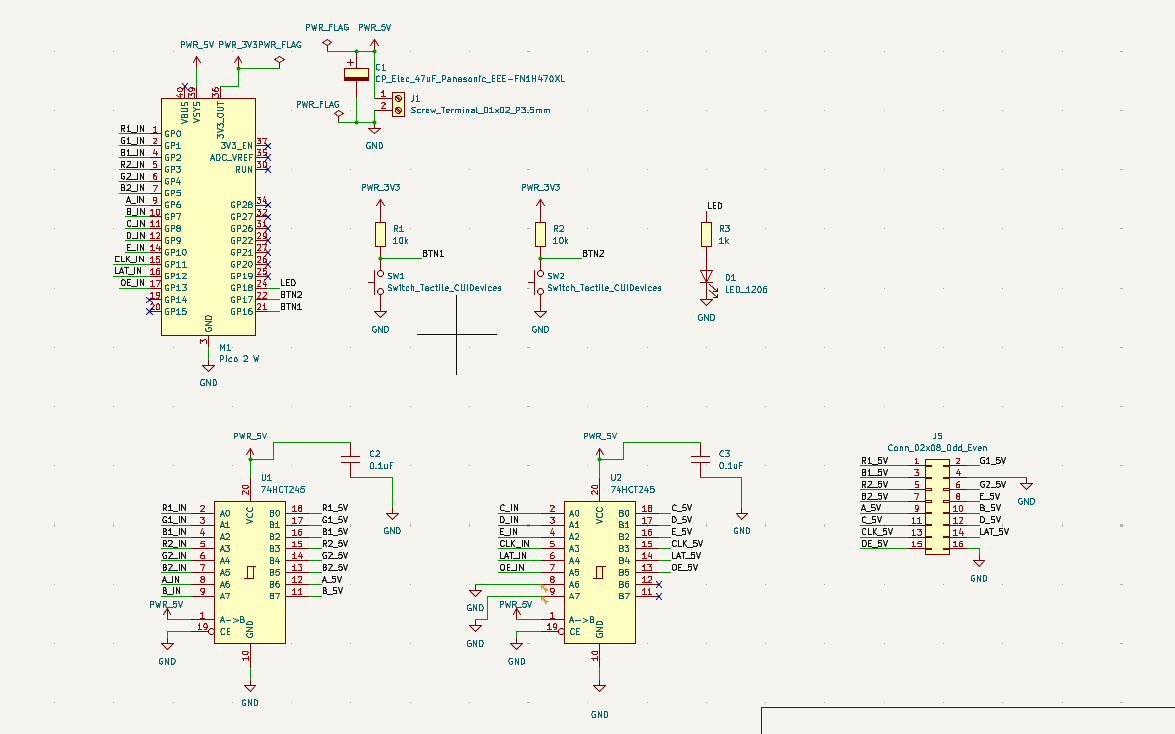KiCad schematic of the Pico 2 W with HUB75 signals on GP0–GP13, two 74HCT245 level shifters, a 2×8 HUB75 connector, a screw terminal with a 47µF capacitor, two buttons and an LED