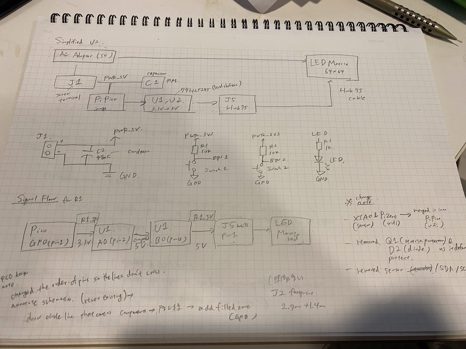 Hand-drawn simplified v2: AC adapter to the screw terminal, Pico, level shifters and HUB75, with the buttons, LED, and a list of changes from v1
