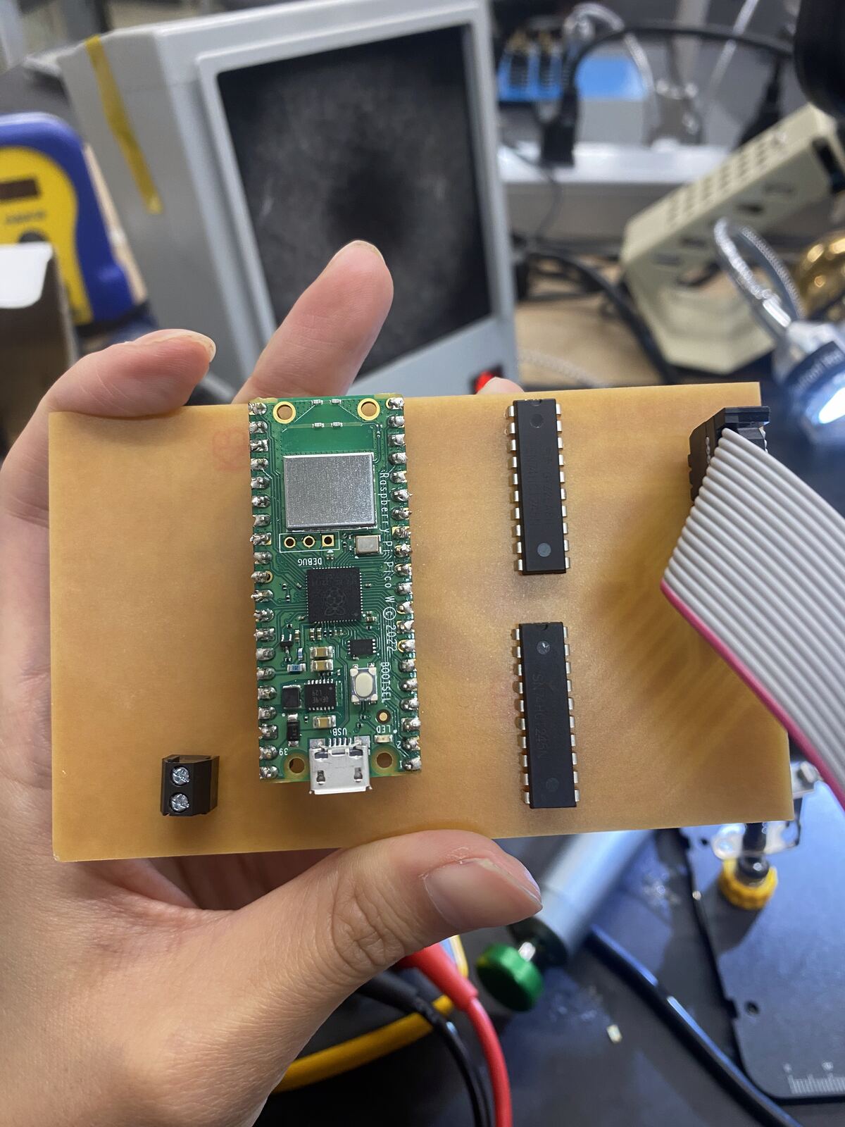 The Pico plugged into its sockets on the fourth board