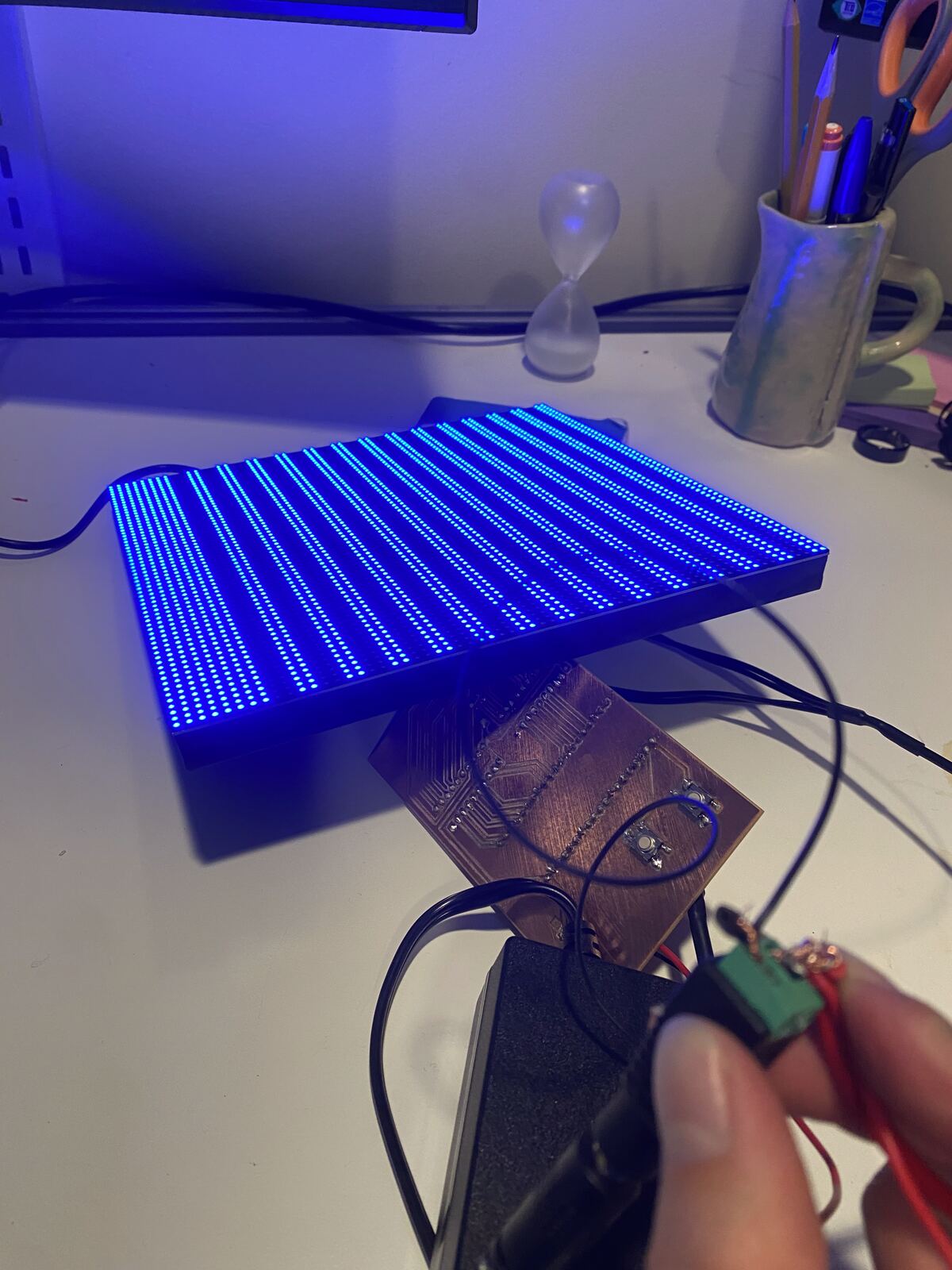 The matrix lit blue with the board connected