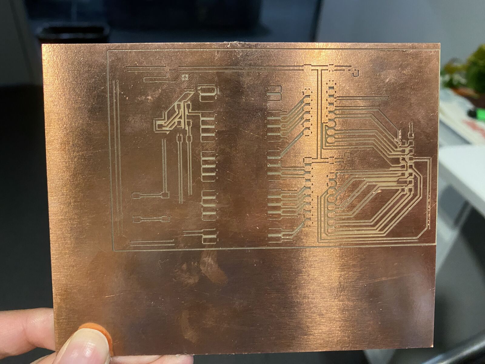 The first milled board, with isolation cuts that stopped partway