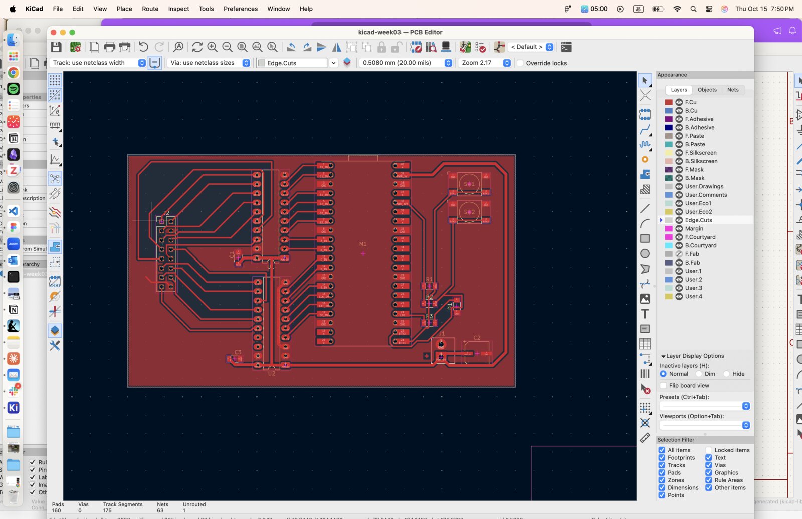 The board layout in KiCad, rearranged for the end mill